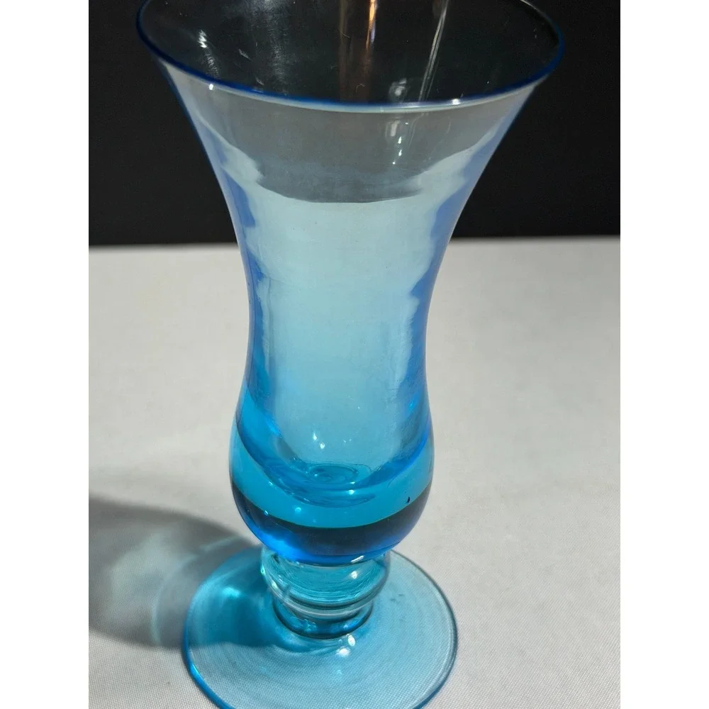 Vintage Blue Hand Blown Art Glass Bud Vase Hourglass Pedestal Base MCM